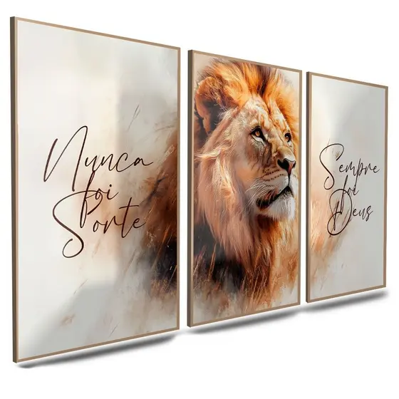 Quadro Decorativo Leão Motivacional Nunca Foi Sorte Sempre Foi Deus Fé Força e Inspiração 122x60