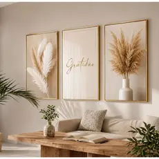 Quadro Decorativos Trio Gratidão Ramo de Trigo Prosperidade Branco Moderno para Sala Hall Escritório