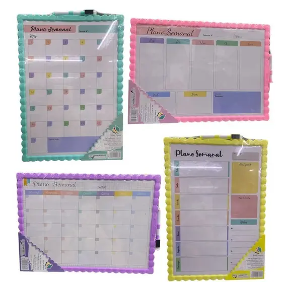 Quadro Branco Lousa de Recado e Plano Semanal Magnético 39x28 cm (Amarelo, Lilás, Rosa e Verde)- Interponte