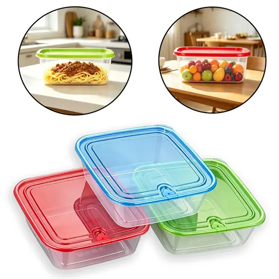 Kit 3 Potes Organizadores para Alimentos Livre de BPA com Tampa Colorida Marmita Doméstica