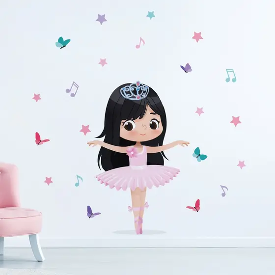 Adesivo de Parede Bailarina Cabelo Preto Longo para Quarto de Menina