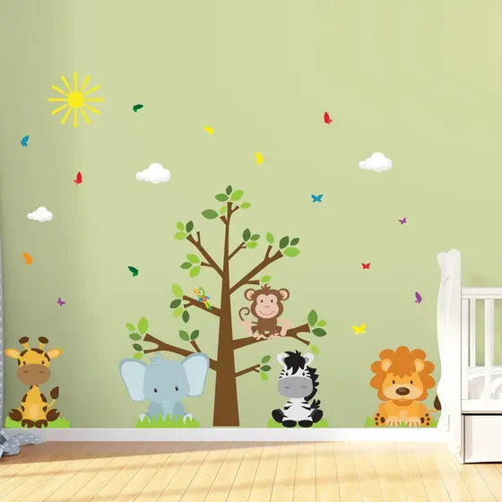 Adesivo de Parede Safari Árvore Infantil para Quarto Animais Coloridos
