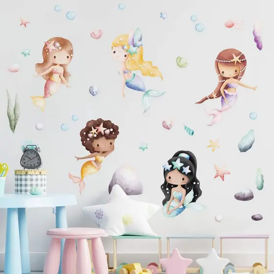 Adesivo Parede Quarto Menina Sereias Infantil Aquarela Menina