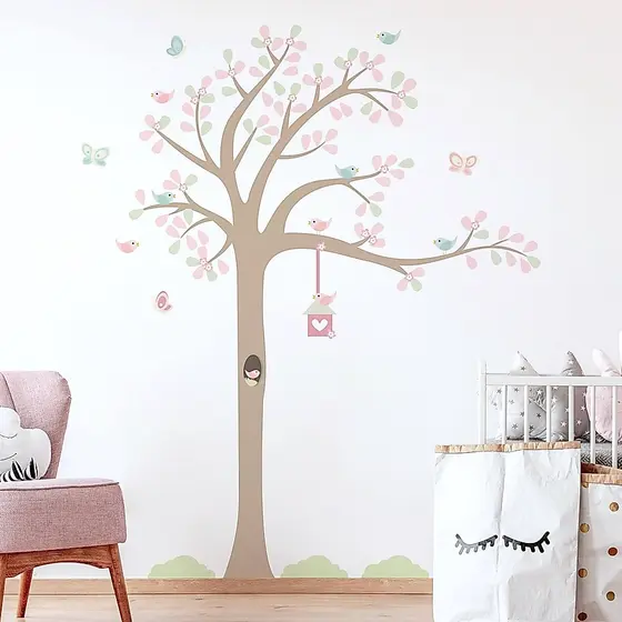 Adesivo de Parede Infantil Quarto Árvore Passarinhos 1,85m D