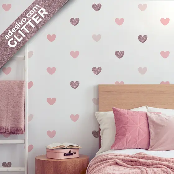 Adesivo Parede Corações Rosa Glitter Rosê 60un Cobre 5m2