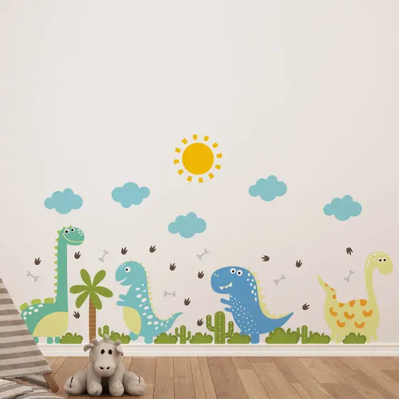 Adesivo Parede Quarto Menino Dinossauro Azul Regua Crescimento  Baby