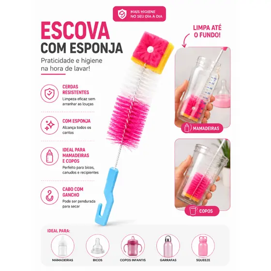 Escova Lava Garrafas Mamadeiras Copos Bicos Squeeze com Esponja Limpeza Profunda Cozinha