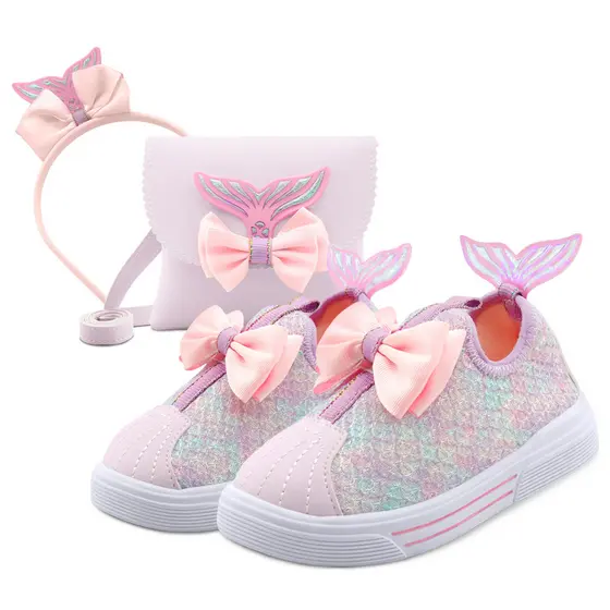 Kit Tênis Menina Sereia Infantil Calce Fácil Com Bolsa E Tiara Laço BB&Kids