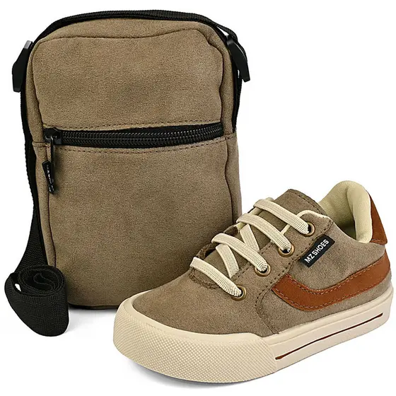 Kit Tênis Infantil Menino Casual Cano Baixo Com Bolsa Conforto Taupe Caramelo BB&Kids