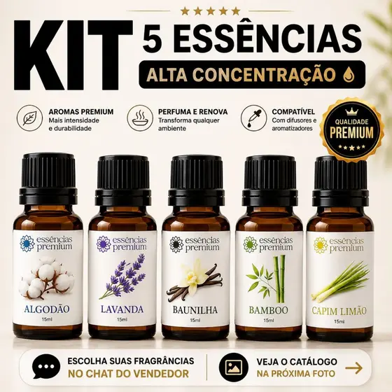 Kit com 5 Essências Para Aromatizador e Difusor Elétrico a Base de Água - Cinco Aromas