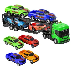 Caminhão Cegonheiro Brinquedo Com Rampa + 4 Carrinhos Brincadeira de Transporte Infantil Divertido