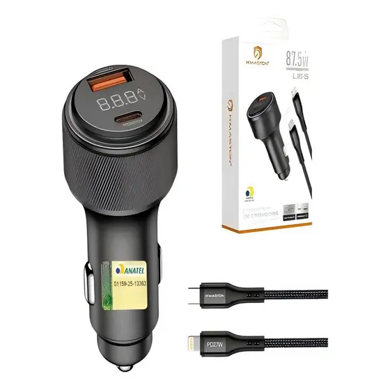 Carregador Veicular 87.5w Usb Com Cabo Tipo-c E Display Led