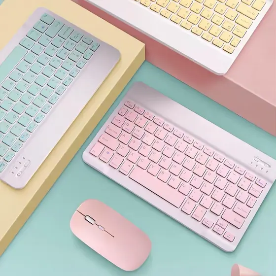 Kit Teclado e Mouse Sem Fio Bluetooth Colorido Macaron Para PC iPad Tablet Notebook