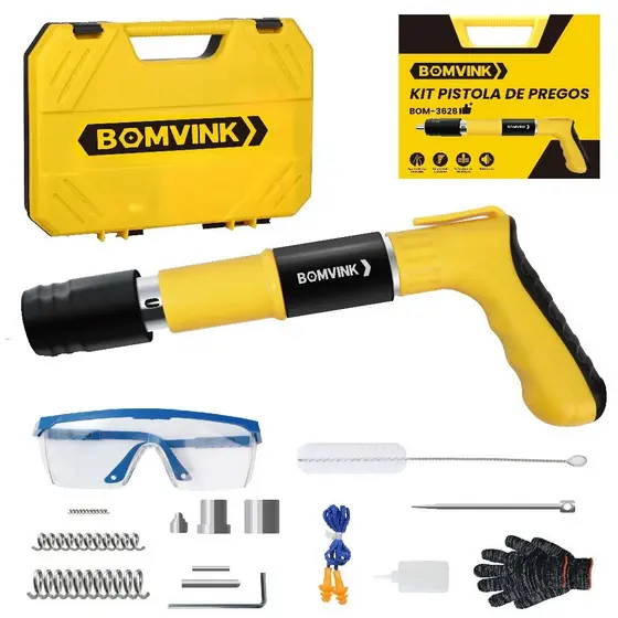 Kit Pistola de Fixação Finca Pino Ação COM Caixa Portátil Direta Gesso Drywall Madeira Janela