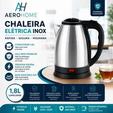 Jarra Chaleira Elétrica Inox Com Aquecimento Rápido E Desligamento Automático 1.8 Litros Para Agua Café Chá - Aero Home