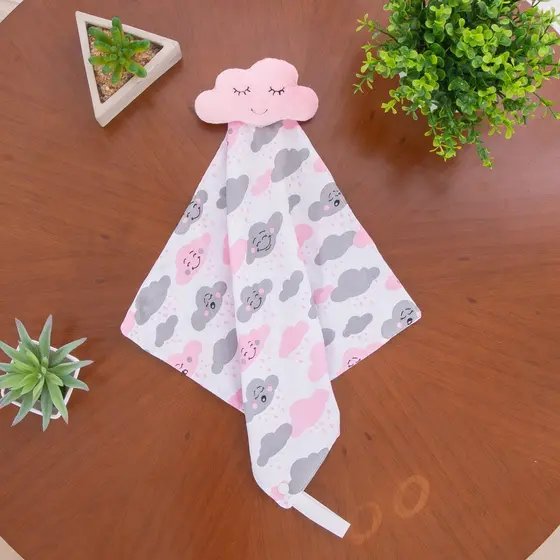 Naninha Para Bebe Menina Com Prendedor De Chupeta Nuvem Rosa Pelucia Enxoval Algodão Paninho Luxo