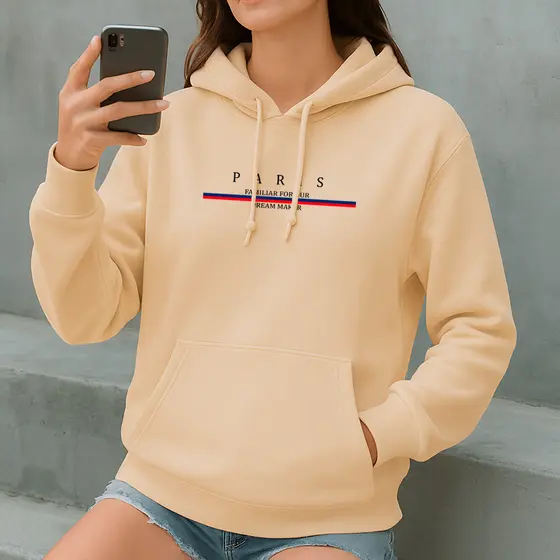 Moletom Canguru Feminino Bolso Flanelado Capuz Streetwear Look Confortável Moda Inverno Paris