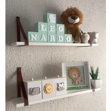 Kit 2 Prateleira MDF Branca 30X13 Alça Marrom Couro Ecológico Resistente Decoraçao Para Sala