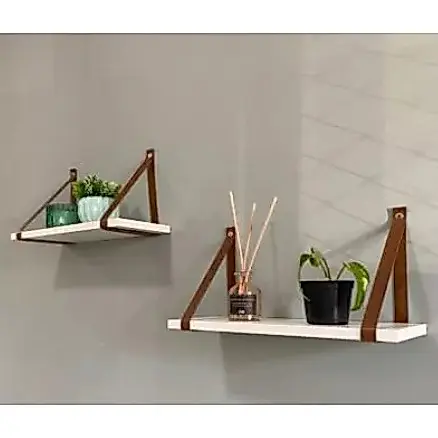 Kit 2 Prateleira Mdf Branca 45x15 Alça Couro Ecologico Resistente