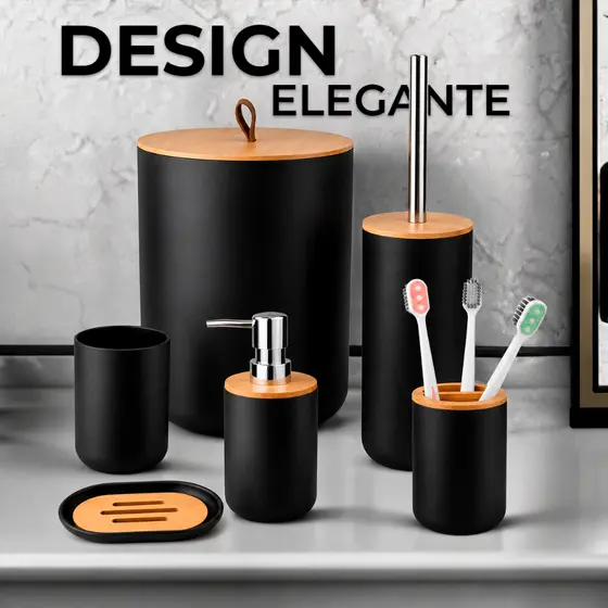 Kit 6 Peças Banheiro Lavabo Conjunto Acessórios lixeira escova Bambu Luxo Preto/Branco