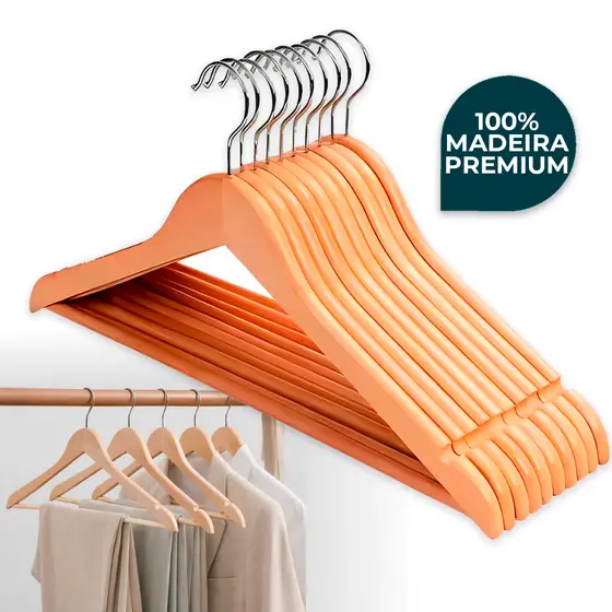 Kit 30/42/51/60 Cabides De Madeira Premium Marfim Para Roupas Calça Gancho Cromado