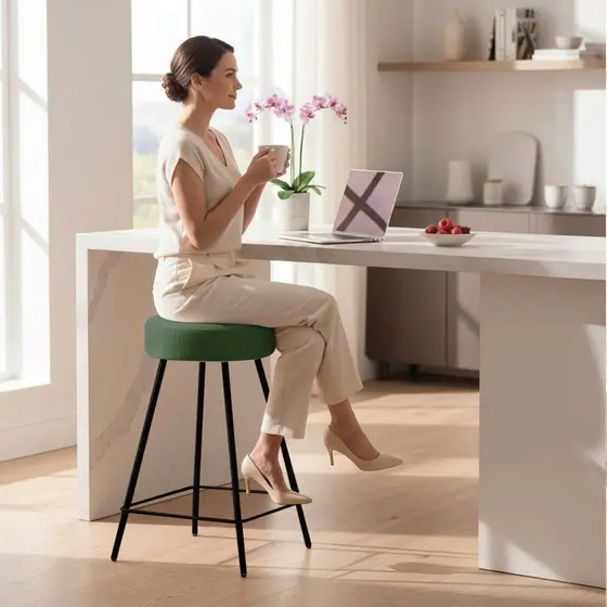 Banqueta Ana Moderna Ferro Preto Estofado Suede Verde