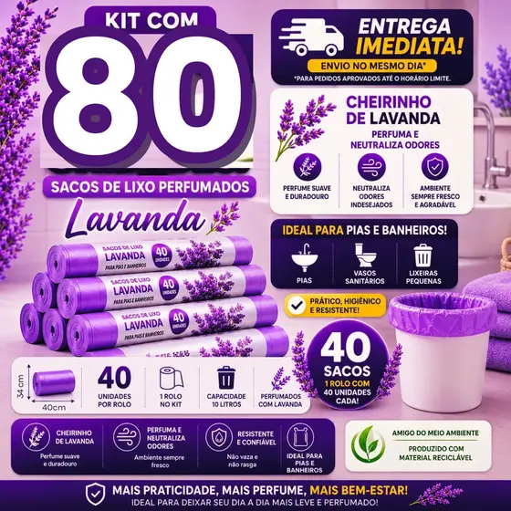 Kit 2 Sacos de Lixo Perfumado Lavanda 10L 80 Un — ideal para cozinhas, banheiros e clinicas