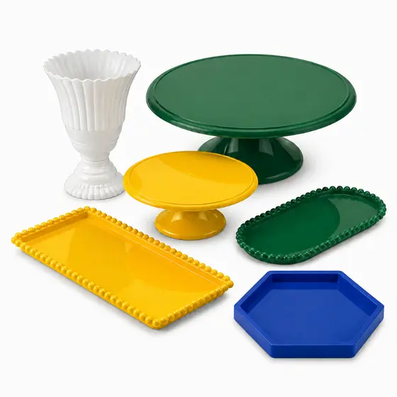 Kit Decoração Copa do Mundo 6 Peças com Boleiras Bandejas e Vaso para Festa Futebol