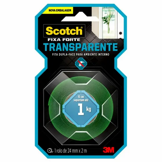 Fita Dupla Face Scotch 2 Metros x 24mm Fixa Forte Transparente para Ambientes Internos 3M