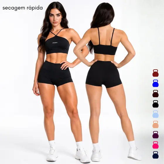 CONJUNTO AYLA - Top em V e Short Curto, Feminino, Academia