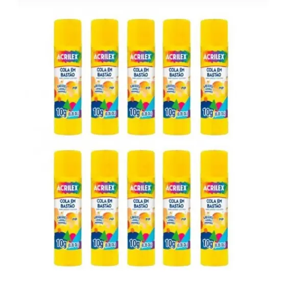 Cola em Bastão Incolor 10 gramas Pacote com 10 - Acrilex