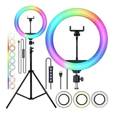 Iluminador Ring Light RGB 8'' Com Tripé Ajustável 2,10m Luz LED Colorida