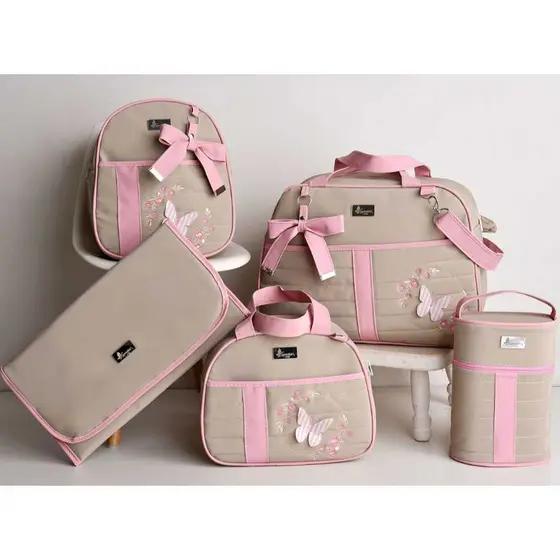 Kit Bolsa Maternidade 5 Peças Luxo Bebê Menina Borboleta Mala Enxoval Completa Luender Baby