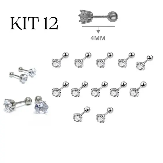 kit 12 Piercing reto com pedra de Zirconia Orelha Helix Tragus cartilagem