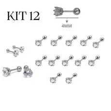 kit 12 Piercing reto com pedra de Zirconia Orelha Helix Tragus cartilagem