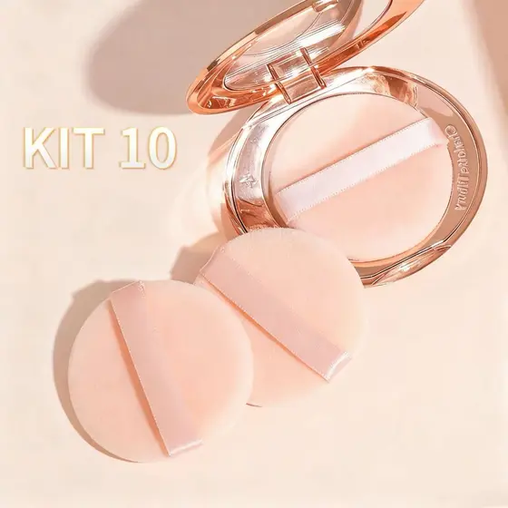 Kit 10 Esponja para Pó Compacto, Veludo, Maquiagem, Aplicação Suave e Acabamento Natural