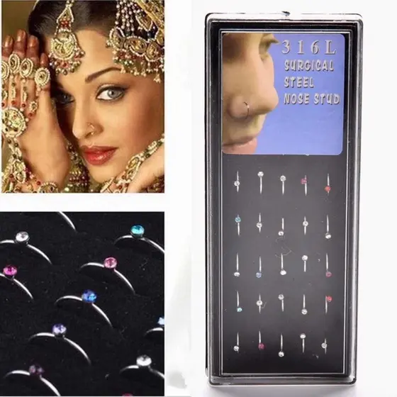 40 pç Piercing De Nariz  Aço Com Pedra De Strass Piercing de Nariz argolinha com pedrinha Bijuteria Colorido Lindo