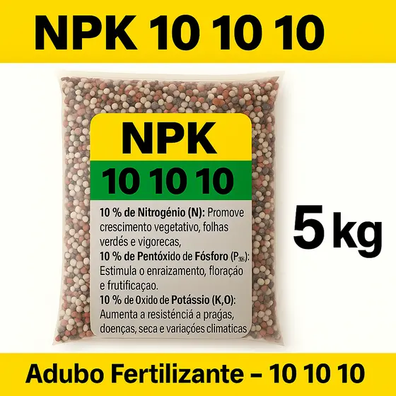 Adubo Fertilizante 5kg - NPK 10-10-10 - Horta, Jardim, Plantas, Flores , Gramado, Rosa Deserto