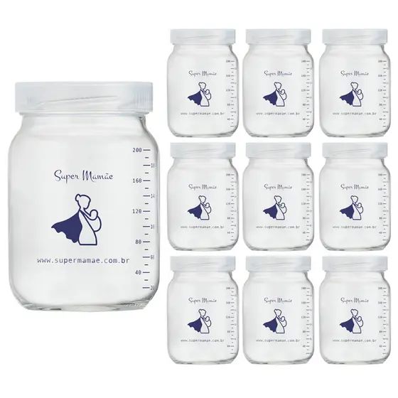 Pote de Vidro 200ml para Leite Materno com Tampa Plástica Super Mamãe