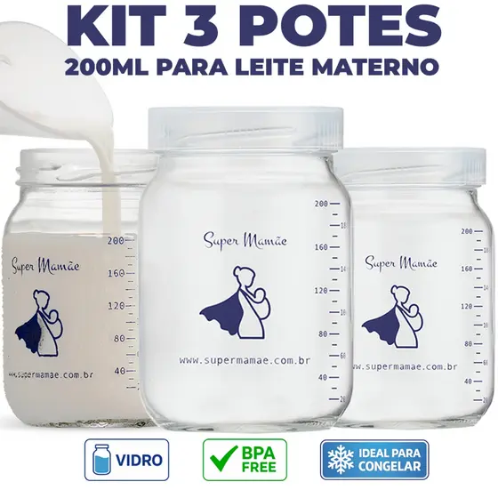 Kit com 3 Potes de Vidro para Armazenar Leite Materno 200ml Com Graduação