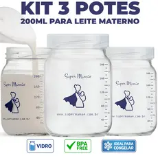 Kit com 3 Potes de Vidro para Armazenar Leite Materno 200ml Com Graduação