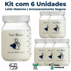 Kit 6 Frascos de Vidro 200ml para Armazenar Leite Materno | Potes BPA Free | Pode Congelar | Super Mamãe