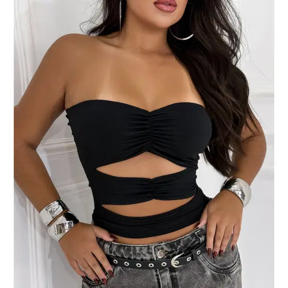 Cropped tomara que caia verão com franzidos abertura na barriga top verão