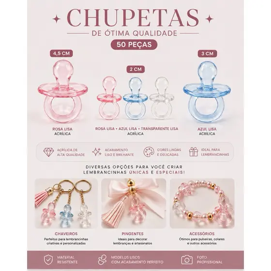 50 Chupetas Acrílicas para Lembrancinhas 2cm, 3cm e 4,5cm | Lisa e Lapidada | Rosa, Azul e Transparente