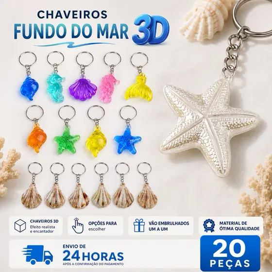 Kit 20 Chaveiros Estrela, Fundo do Mar 3D, Dente, Árvore da Vida.