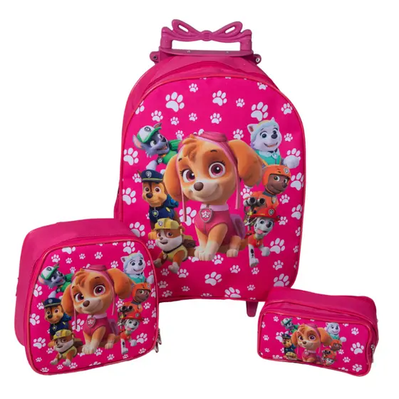 Kit Mochila Escolar Carrinho Infantil Patrulha Canina Sereia Stitch Panda Princesa Minie Frozen Skye Hermione Maravilha
