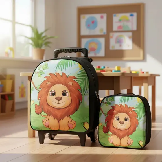 Kit Escolar Mochila Lancheira Carrinho Leãozinho Leão Baby Preto Menino