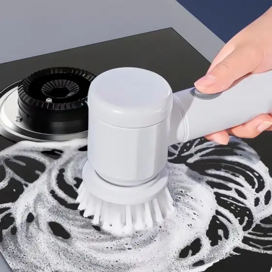 Escova Elétrica de Limpeza Sem Fio Recarregável USB com 3 Acessórios e Gancho para Cozinha e Banheiro