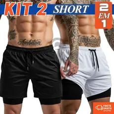 Kit 2 Bermudas Masculinas 2 em 1 Academia com Bolso Interno – Shorts Forrados interno Compressão