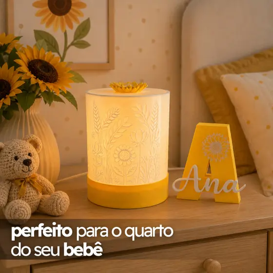 Abajur Infantil Personalizado Girassol com Letra Inicial e Nome | Decoração Quarto de Bebê
